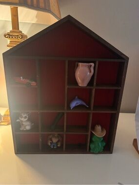 Vintage Wooden Shadow Box Wall Display Shelf 14 Cubby Curio Trinket Cabinet